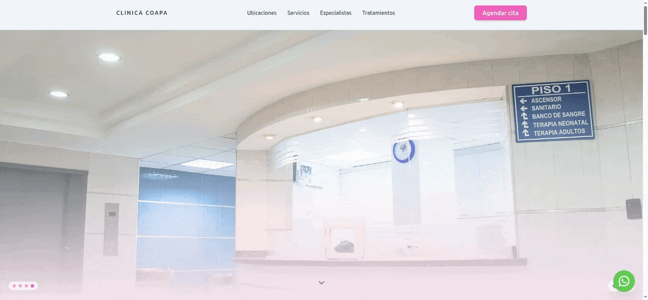 Vista previa de la página web de un consultorio médico con navegación, secciones de servicios y botón para agendar cita